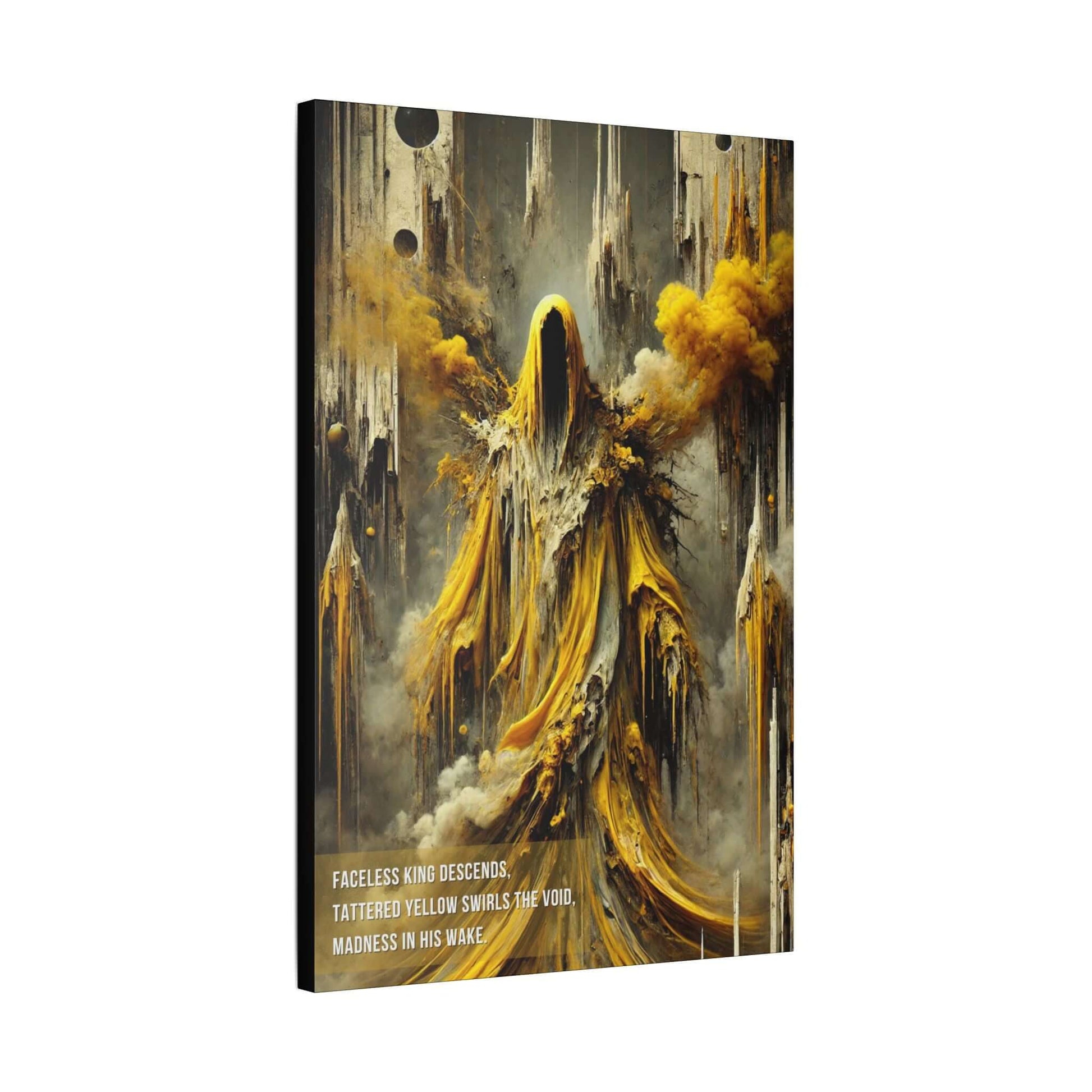 Canvas art print of "Hastur: The King in Yellow," featuring a faceless figure in flowing, tattered yellow robes amidst a chaotic background.