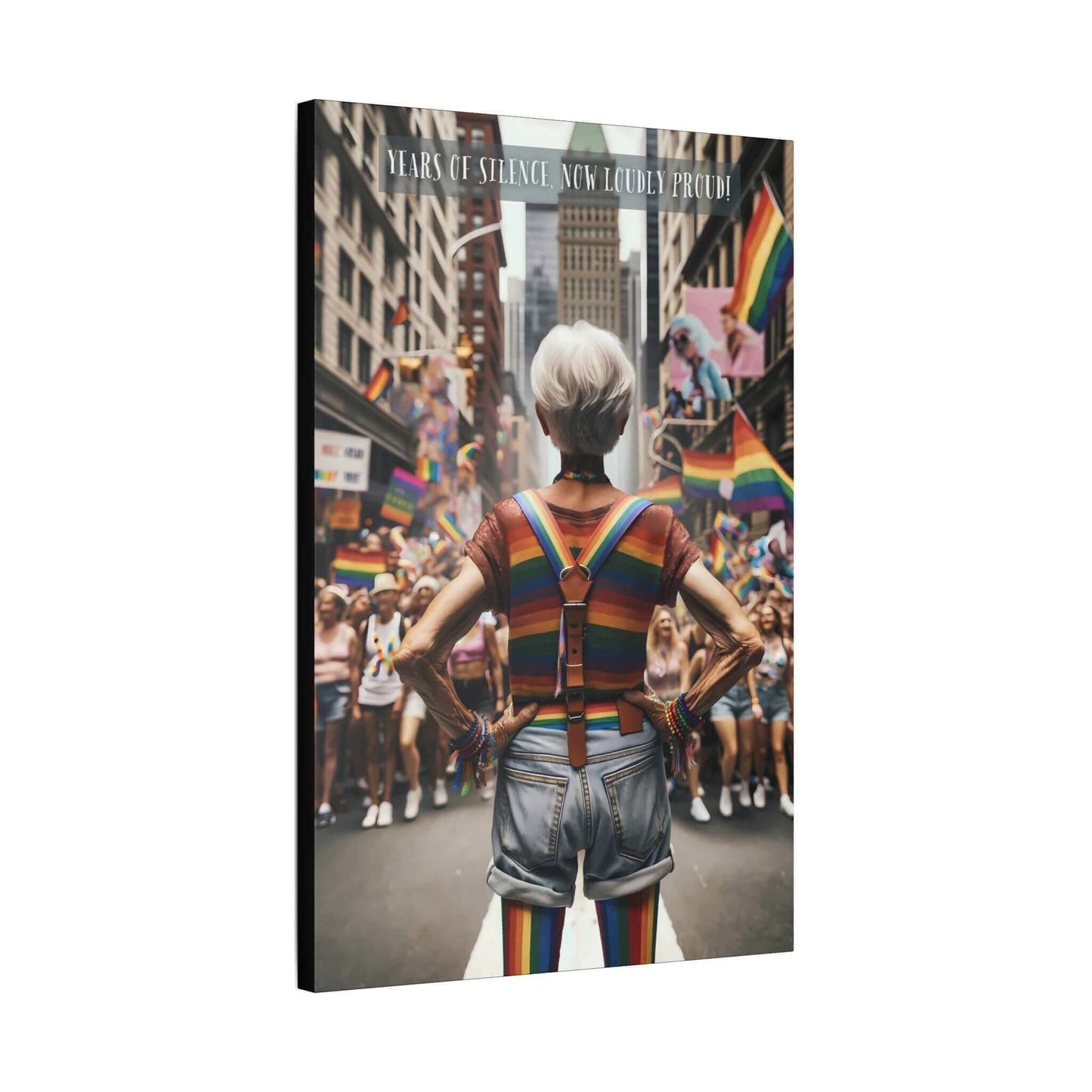 An older person with short white hair stands confidently in a city street, adorned in rainbow-striped clothing and suspenders. Leading a vibrant, colorful crowd waving pride flags, they march at the Pride parade. Text at the top reads "YEARS OF SILENCE NOW LOUDLY PROUD!" celebrating self-acceptance within the LGBTQ+ community. This inspiring moment is captured brilliantly in Printify's "Loud and Proud: Empowering Gay Pride Canvas Wall Art," PR-6W-003c.