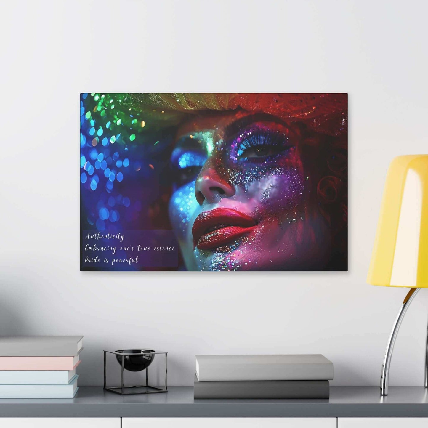 Vibrant pride celebration canvas featuring drag queen art print with glittering makeup, inspired by empowering haiku.