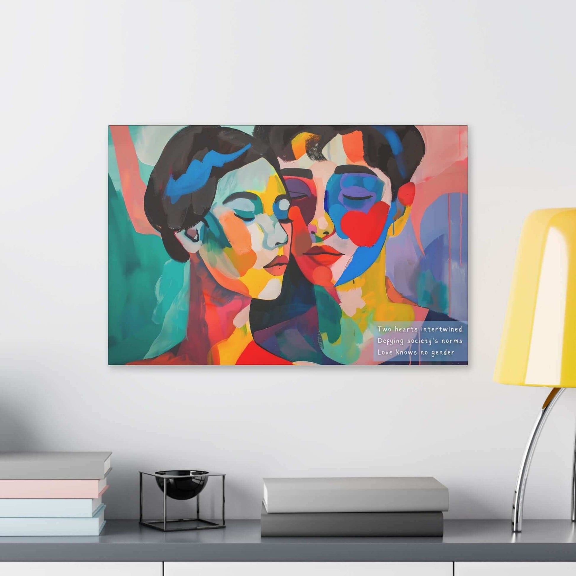 A vibrant and colorful piece titled "Intertwined Love: Vibrant Abstract Couple Canvas Wall Art, Inspired by Empowering Haiku" by Printify showcases two abstract faces with one having closed eyes, leaning towards each other. In the corner, text reads: "Two hearts intertwined defy society’s norms. Love knows no gender." The background features bold, multicolored brushstrokes that highlight inclusivity and abstract representation.