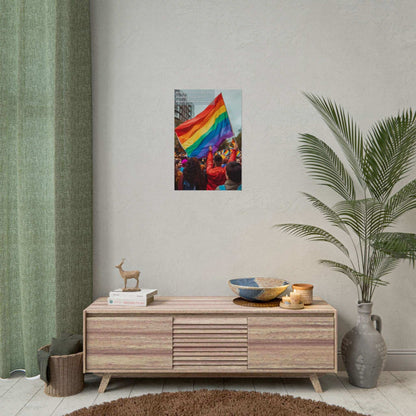 Pride parade wall art showing individuals waving the rainbow flag, symbolizing progress and equality, displayed in a modern living room.