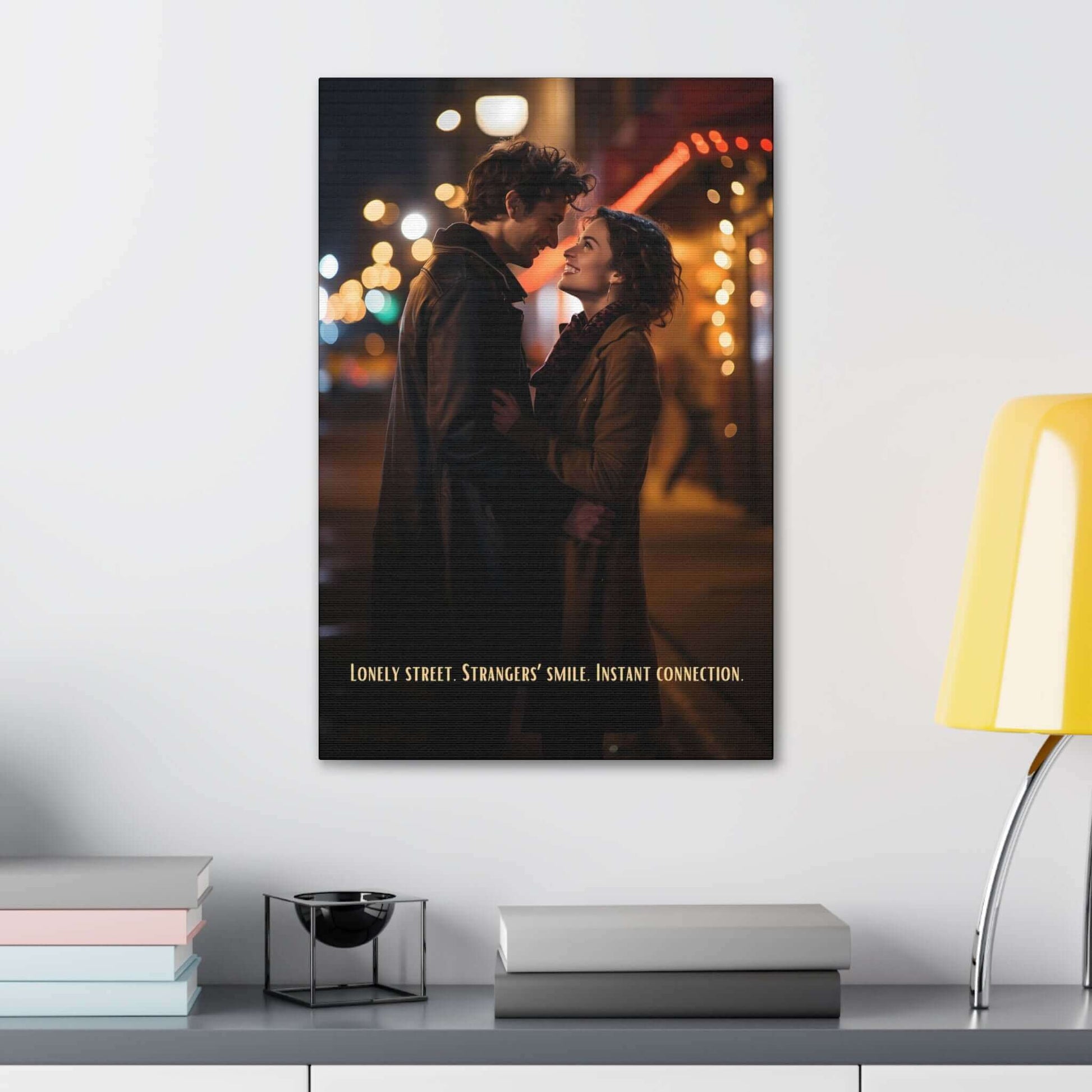 A couple stands close, smiling at each other on a dimly lit street with colorful blurred lights in the background. They appear to be sharing a tender moment, reminiscent of an urban love painting. The text at the bottom reads, "Lonely street. Strangers' smile. Instant connection." This scene is beautifully captured in Printify's "Strangers' Connection: Romantic Canvas Wall Art with 6-Word Love Story.