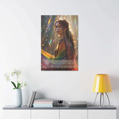 A woman stands outdoors in the sunlight, draped in a rainbow-colored shawl. Colorful light reflections surround her. Text on the image reads, "She took a deep breath and stepped into the sunlight, a rainbow-hued shawl hugging her True Colors." Finally, she could embrace self-expression without fear.
Product Data:
  Product Name: True Colors: Radiant Gay Pride Canvas Wall Art | PR-2S-002c
  Brand Name: Printify