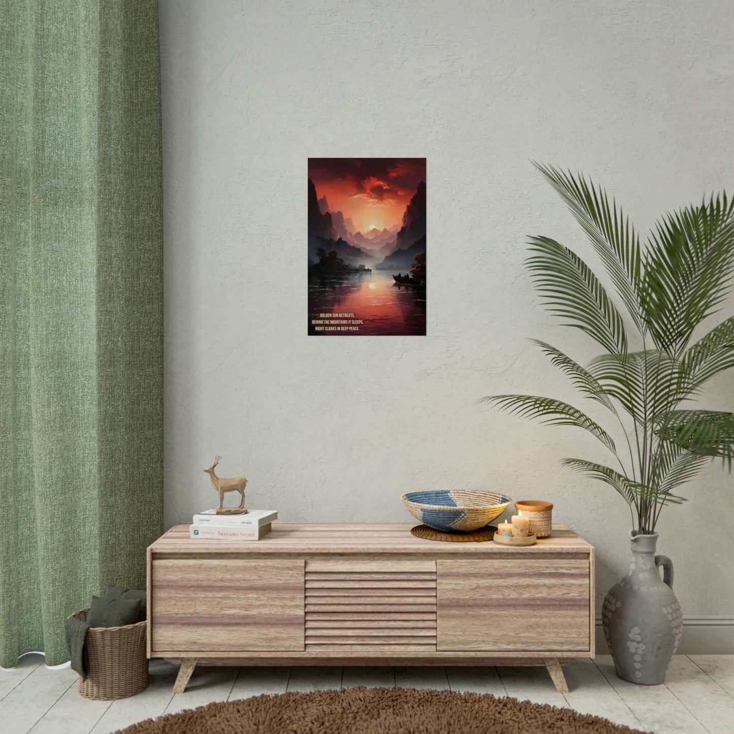 Serenity at Dusk: Exotic Mountain Terrain at Sunset Poster Wall Art with Tranquil Haiku