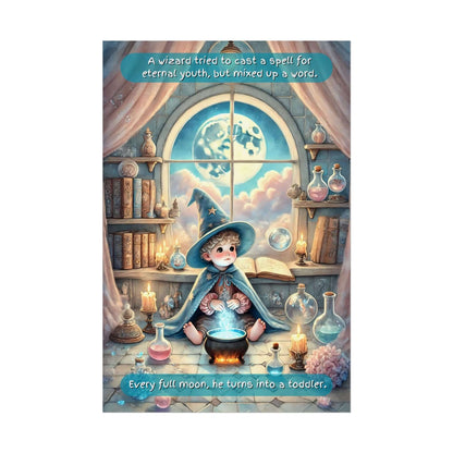 Whimsical magical poster wall art for a child's room featuring a young wizard casting a spell with glowing candles and potions under a full moon.