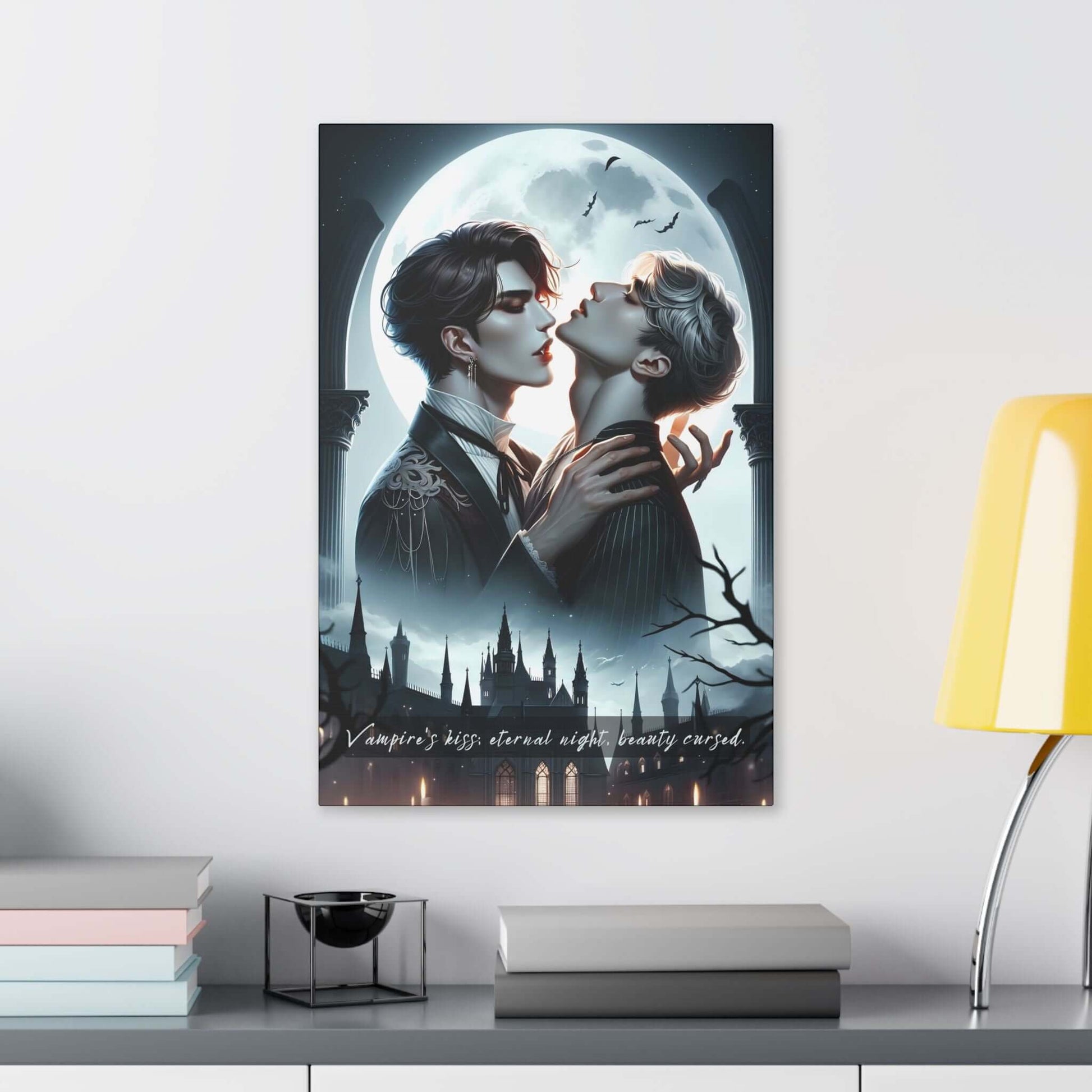 "Eternal Lovers: Gay-Pop Vampire Romance Canvas Wall Art inspired by gothic six-word story under moonlight, featuring two K-Pop idol-like figures."