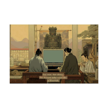 Zen Tech Snowfails: Traditional Chinese Landscape Poster Wall Art with Tech Anachronism Haiku