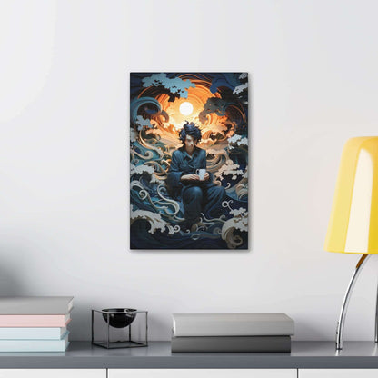 Introducing "Contemplation on the Waves: Japanese-Inspired Layered Paper Fantasy Canvas Wall Art" by Printify. This exquisite digital artwork features a figure in dark clothing, holding a mug and seated serenely amidst swirling waves and white foamy crests. The background showcases a brilliant full moon that casts an ethereal glow, enhancing the mystical ambiance with stylized clouds.