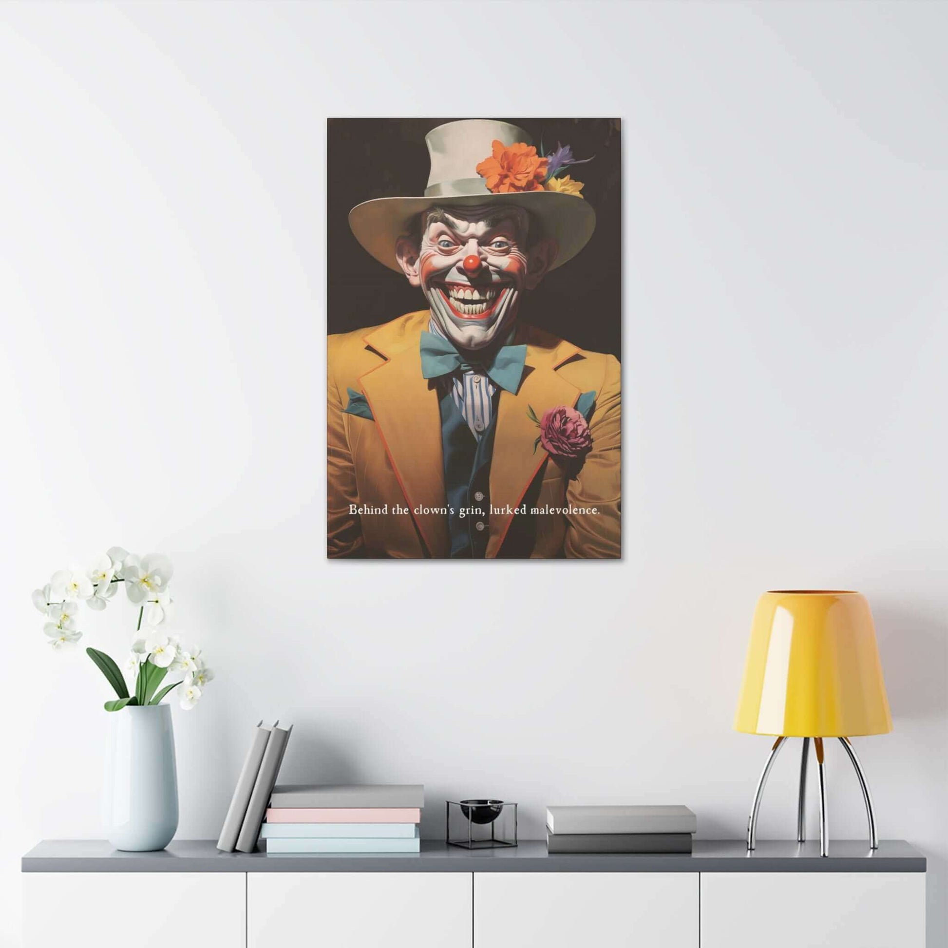 Printify's "The Sinister Grin: Vibrant Clown Canvas Wall Decor with Chilling 6-Word Story" features a sinister-looking clown dressed in a yellow suit, white and blue bow tie, and a white hat adorned with colorful flowers. The clown sports an exaggerated grin with sharp teeth, complemented by the text that reads, "Behind the clown's grin lurked hidden evil.