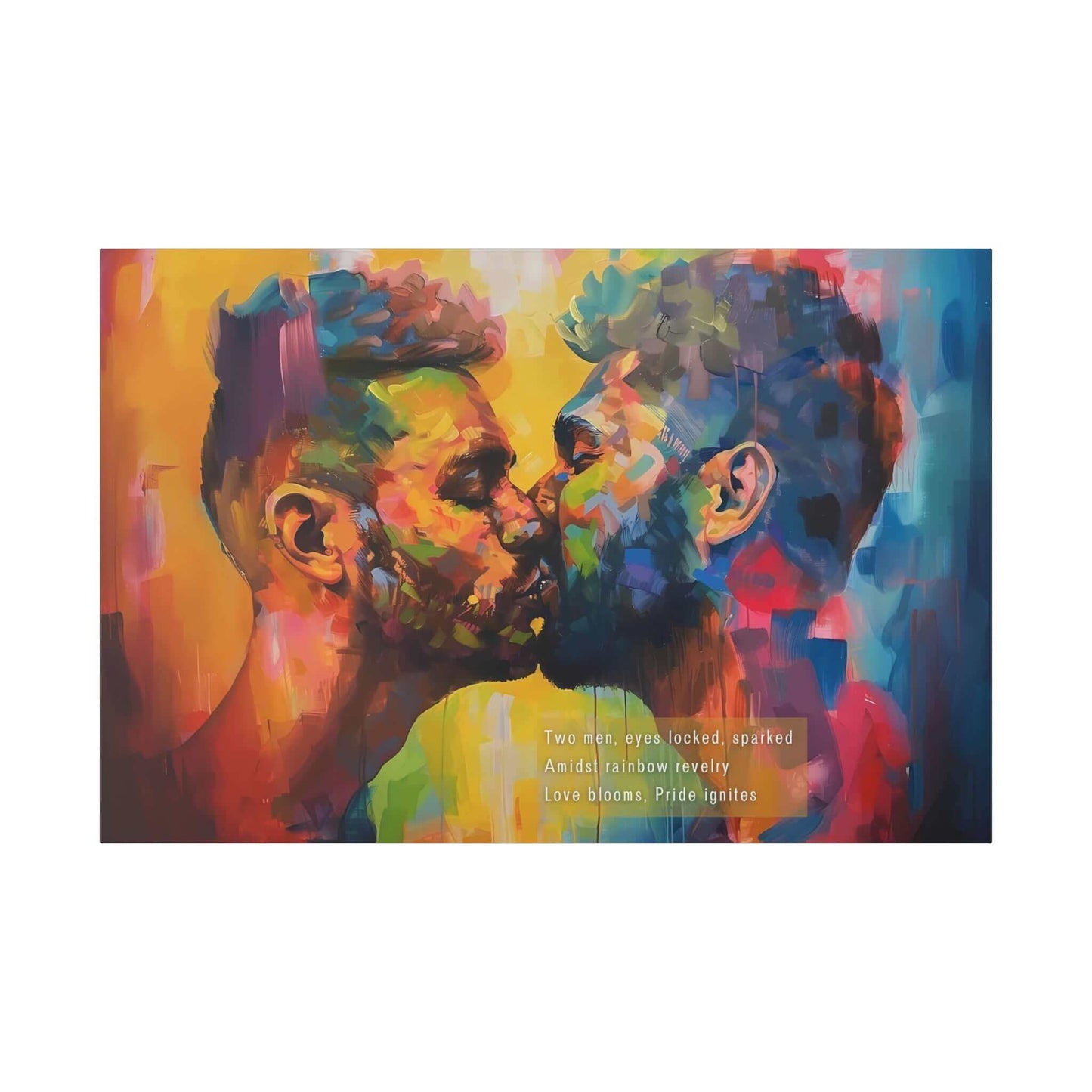 Love Blooms vibrant Pride celebration canvas art depicting two men in a passionate kiss with a colorful rainbow backdrop