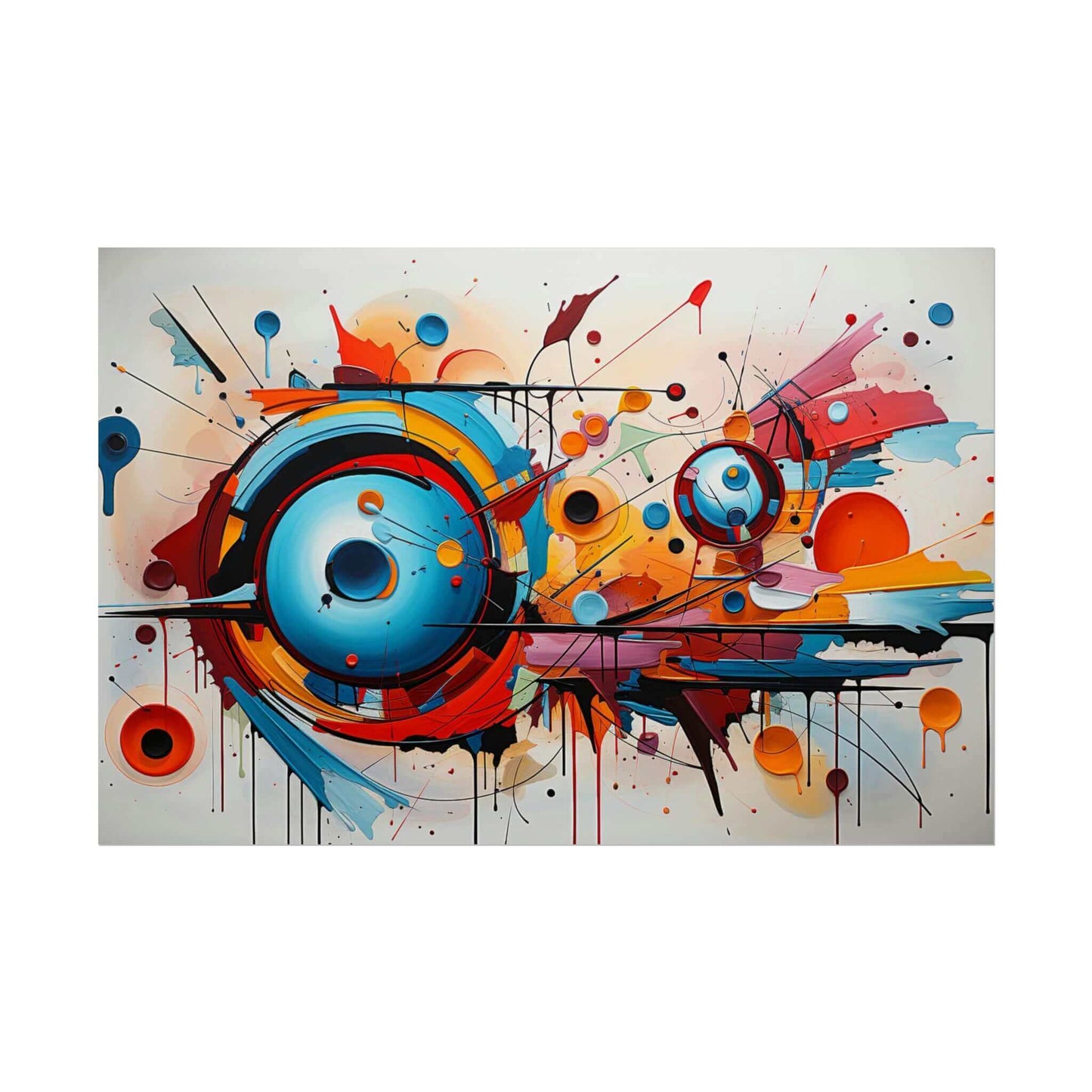 The Dynamic Graffiti Sphere Poster Wall Art by Printify is a vibrant piece featuring numerous colorful circular shapes and splashes. Dominant colors of blue, orange, and red are intersected with black lines and drips. The energetic composition evokes a sense of dynamic motion and creativity, reminiscent of urban graffiti art.