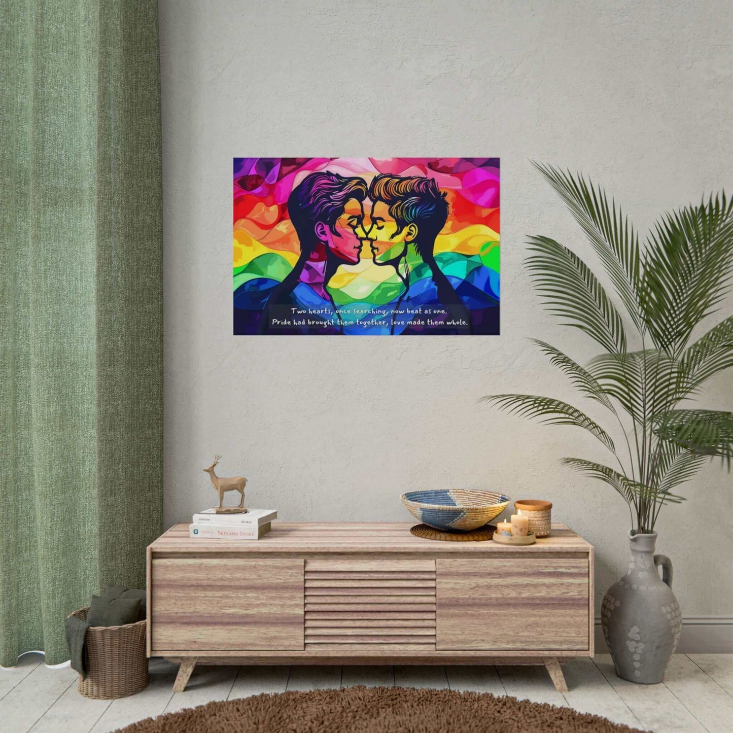 A vibrant, abstract illustration of two individuals gazing into each other's eyes with their faces close, set against a background of colorful waves in red, orange, yellow, green, blue, and purple. The text at the bottom says: "Two hearts, once searching in the LGBTQ+ community," now beat as one on high-quality photo paper. This exquisite piece is part of Printify's "Together as One: Vibrant Gay Pride Poster Wall Art" collection (PR-2S-004).