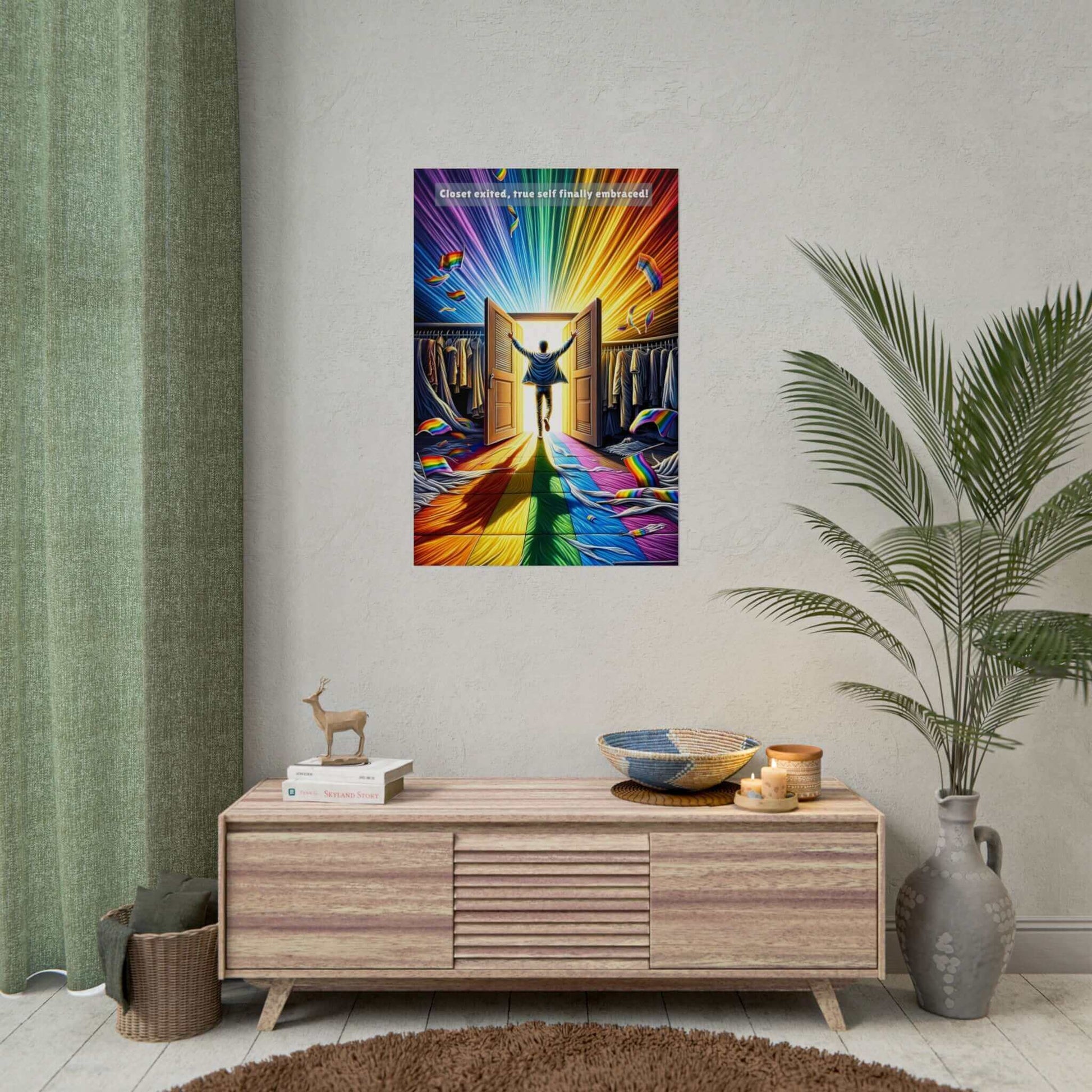 A person joyfully stands at the threshold of an open closet, with colorful, radiant light pouring out, forming a rainbow path. Clothes with rainbow patterns are scattered around. Above, the text reads: "Closet exited, true self finally embraced!" Celebrate self-acceptance and LGBTQ+ pride with the Out of the Closet: Vibrant Gay Pride Poster Wall Art by Printify (PR-6W-001p).