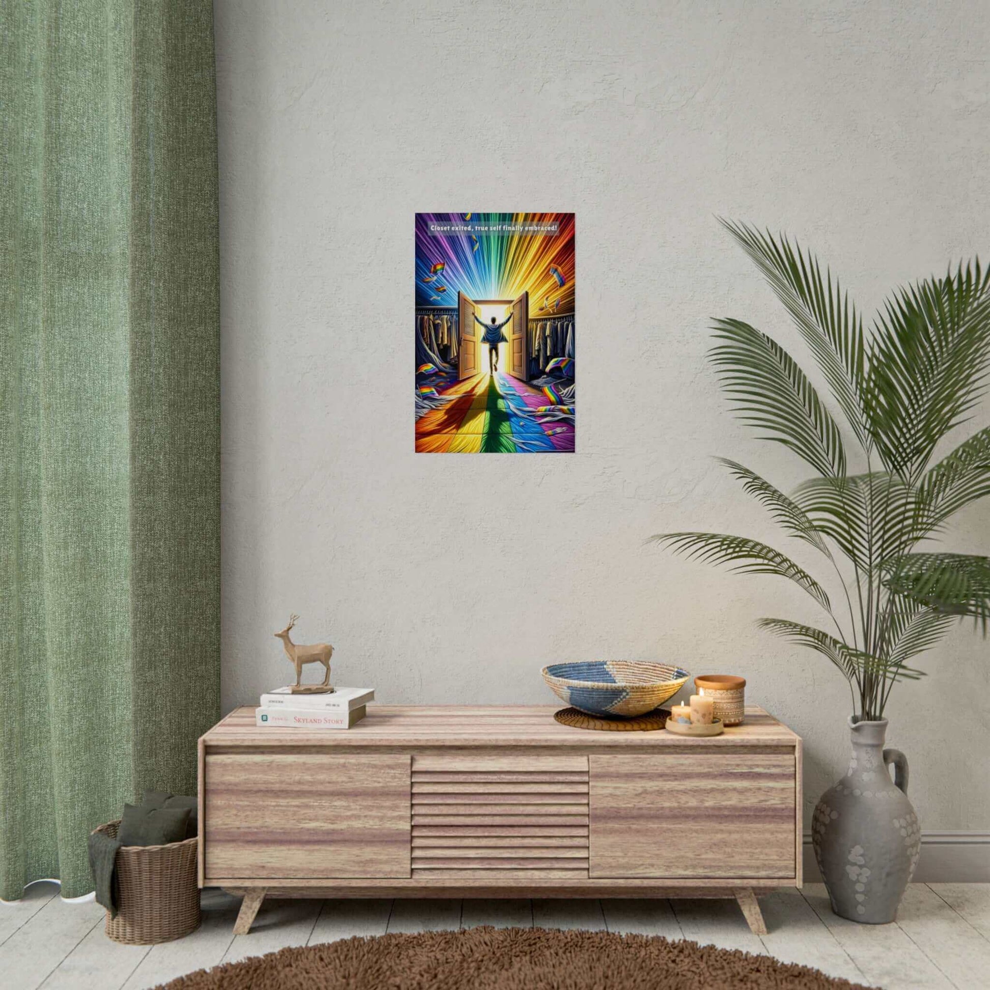 A person joyfully stands at the threshold of an open closet, with colorful, radiant light pouring out, forming a rainbow path. Clothes with rainbow patterns are scattered around. Above, the text reads: "Closet exited, true self finally embraced!" Celebrate self-acceptance and LGBTQ+ pride with the Out of the Closet: Vibrant Gay Pride Poster Wall Art by Printify (PR-6W-001p).