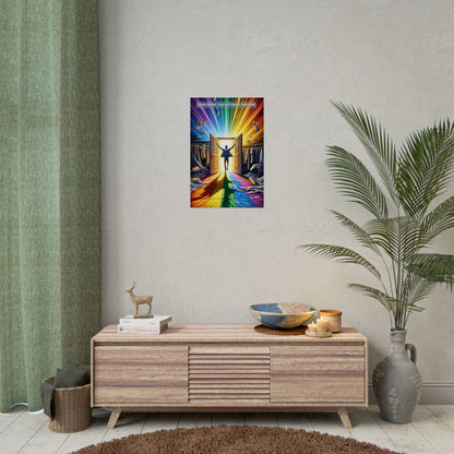 A person joyfully stands at the threshold of an open closet, with colorful, radiant light pouring out, forming a rainbow path. Clothes with rainbow patterns are scattered around. Above, the text reads: "Closet exited, true self finally embraced!" Celebrate self-acceptance and LGBTQ+ pride with the Out of the Closet: Vibrant Gay Pride Poster Wall Art by Printify (PR-6W-001p).