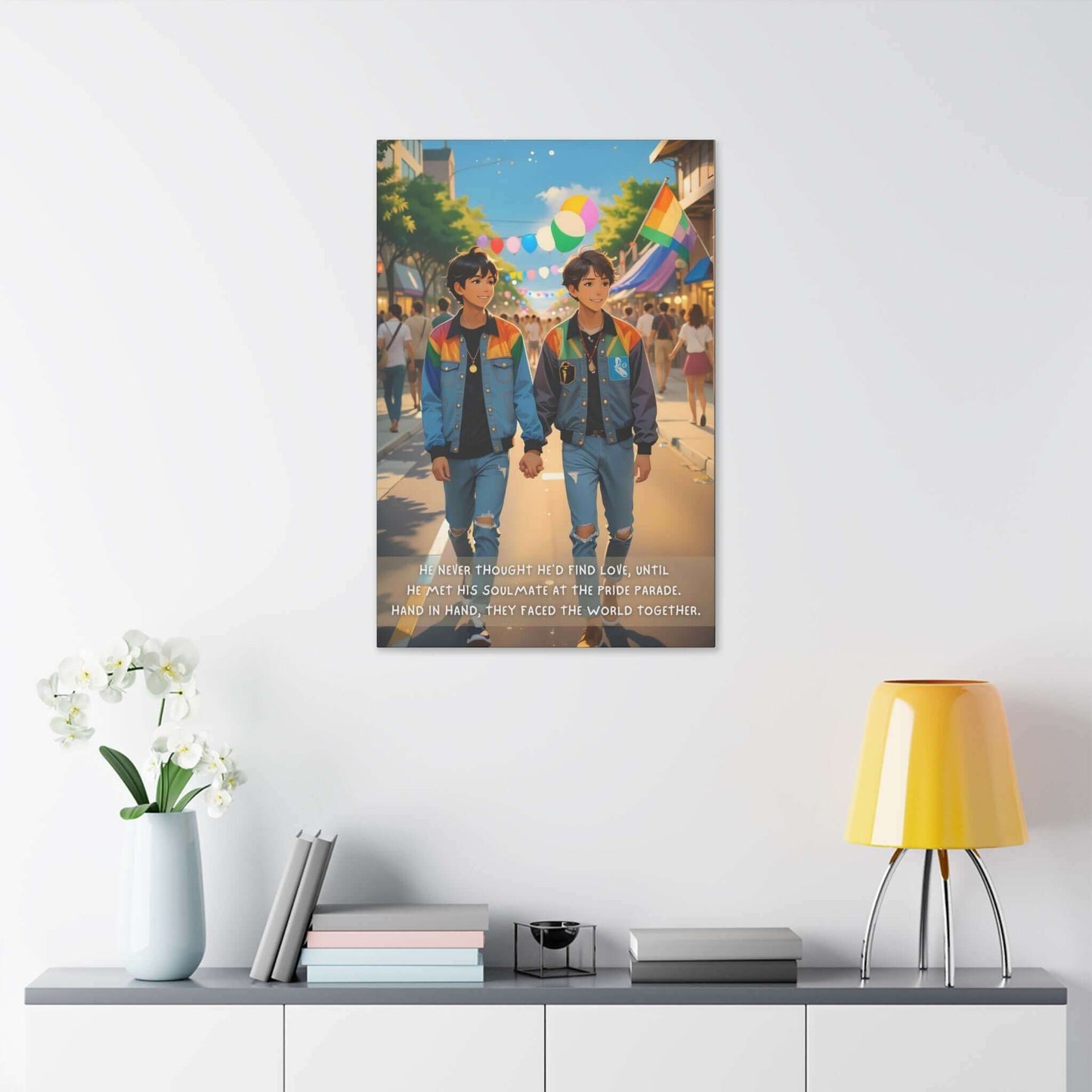 An illustration from Printify's "Soulmate Found: Joyful Gay Pride Canvas Wall Art, Inspired by Heartwarming 2-Sentence Story | PR-2S-003c" features two young men holding hands and walking at a Pride parade. They both wear blue jackets with pride flags behind them in a festive and colorful background. A caption reads, "He never thought he’d find love, until he met his soulmate within the LGBTQ+ community. Hand in hand, they faced the world together.