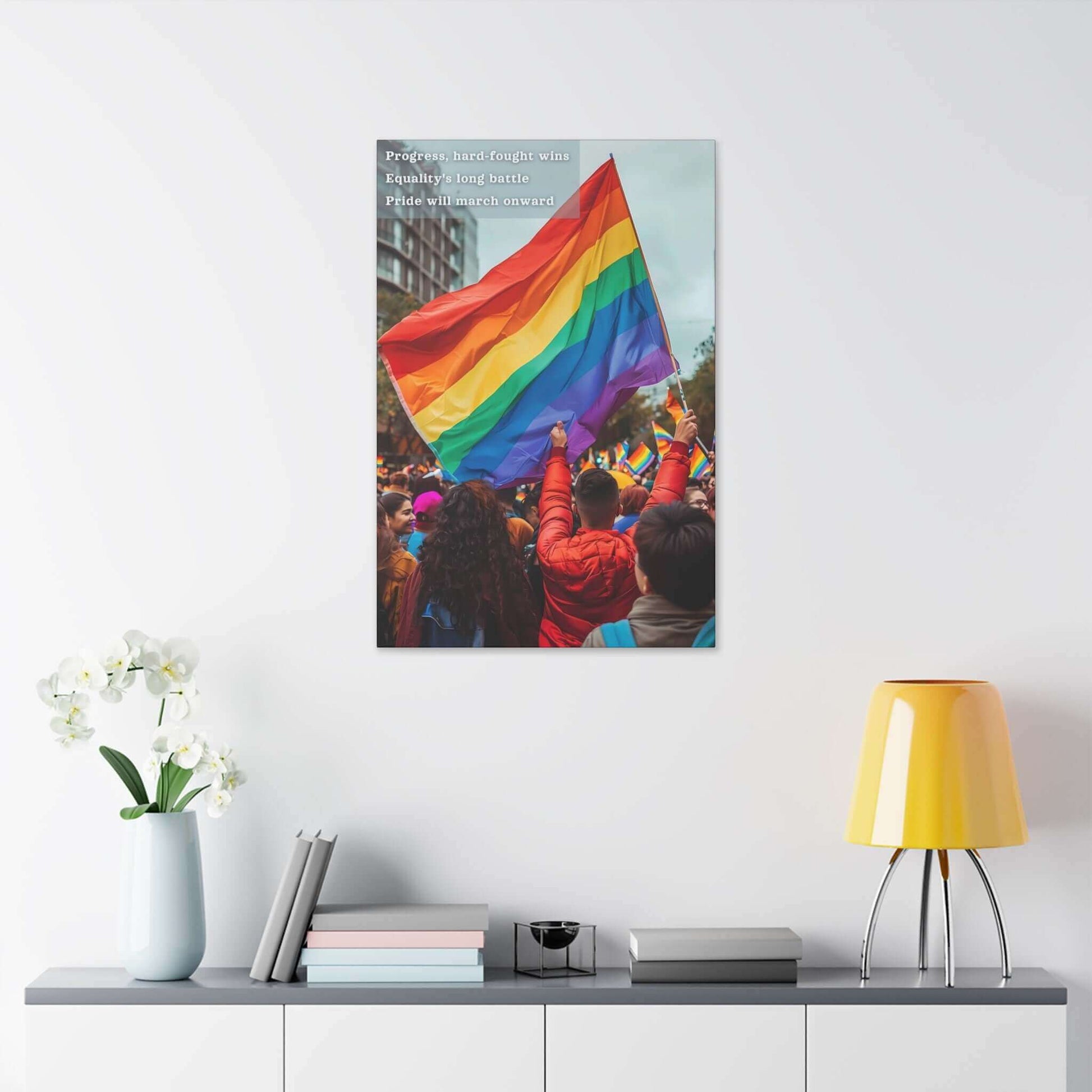 Celebrating Equality Canvas Wall Art featuring individuals waving a rainbow flag at a Pride parade, symbolizing progress and resilience