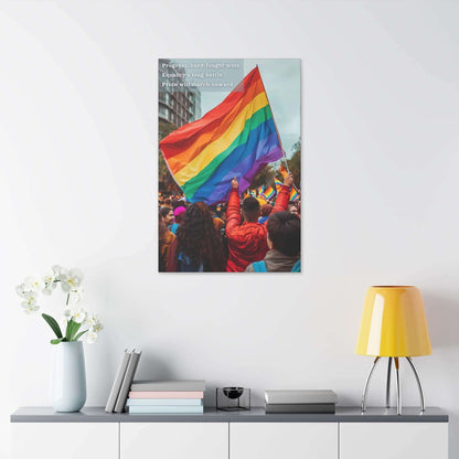 Celebrating Equality Canvas Wall Art featuring individuals waving a rainbow flag at a Pride parade, symbolizing progress and resilience