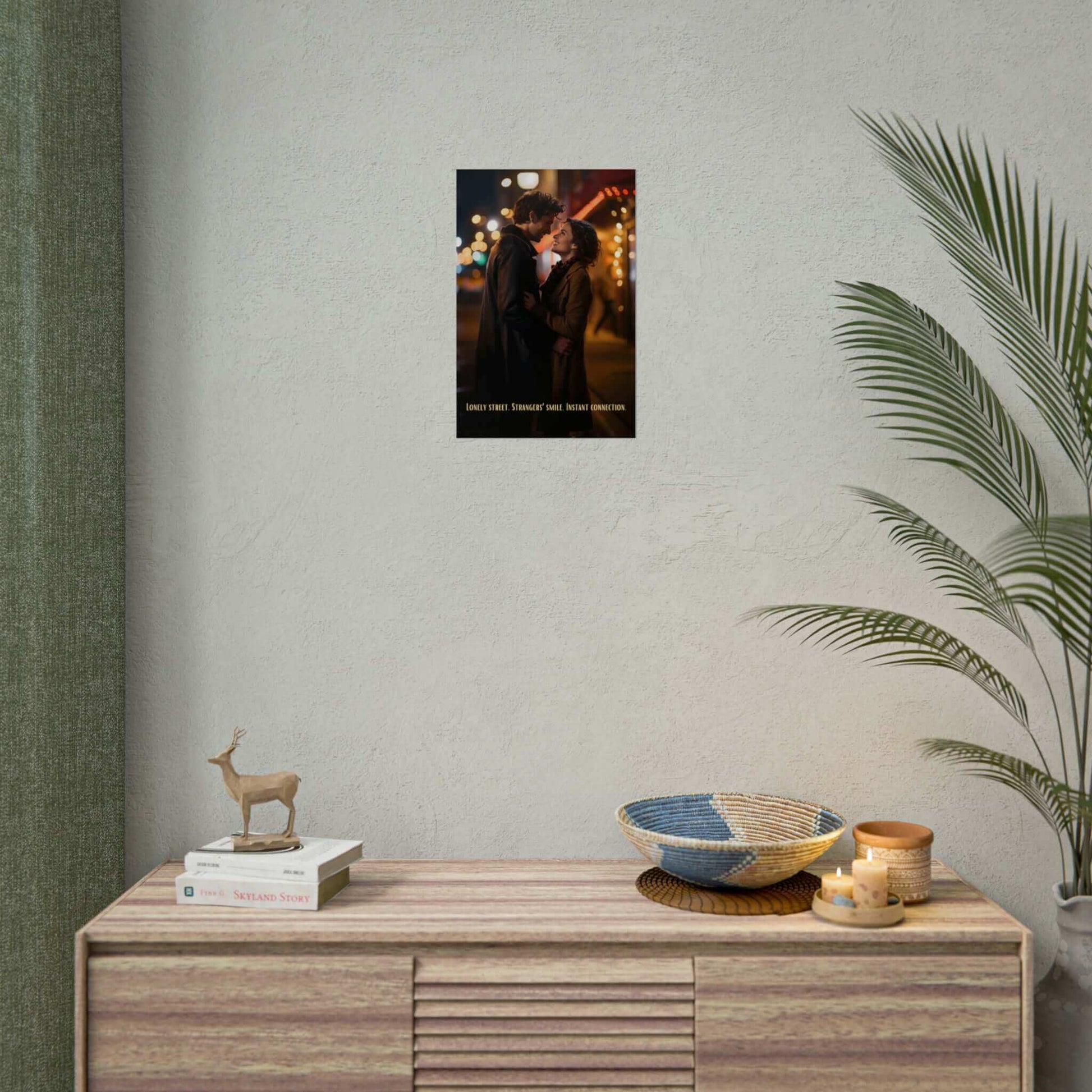 A man and a woman stand on a street at night, sharing a warm smile and gazing into each other's eyes. Both are wearing coats and seem to be enjoying an intimate moment. The backdrop features blurred streetlights and a warmly lit shop. Caption reads, "Lonely street. Strangers' smile. Instant connection." This romantic artwork, titled "Strangers' Connection: Romantic Poster Wall Art with 6-Word Love Story," is offered by Printify and captures an urban love story on fine art photo paper.
