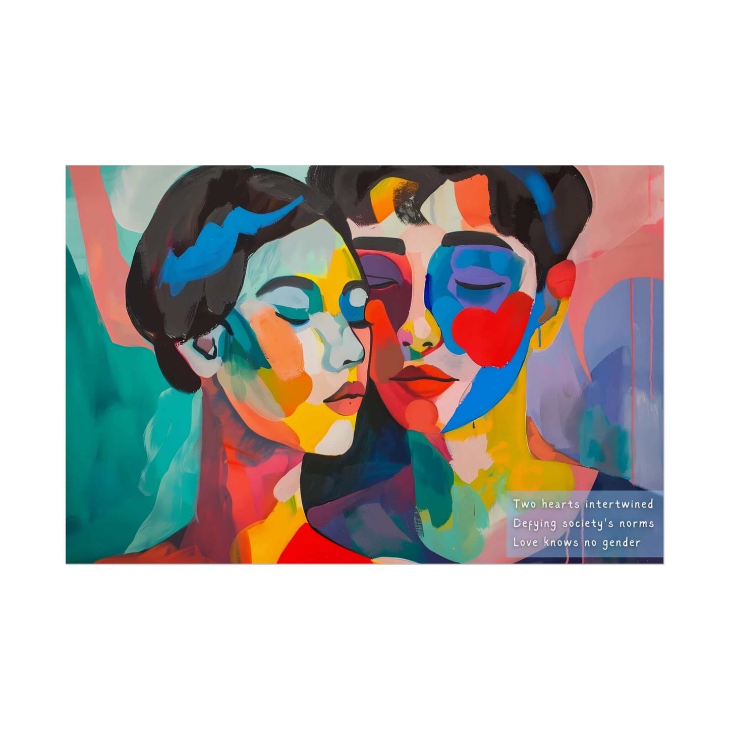 Vibrant abstract couple poster featuring intertwined faces with empowering haiku text celebrating love beyond societal norms. "Intertwined Love" wall art.