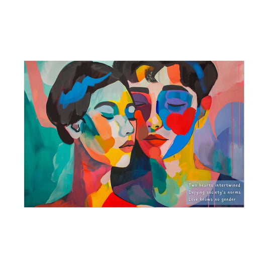 Vibrant abstract couple poster featuring intertwined faces with empowering haiku text celebrating love beyond societal norms. "Intertwined Love" wall art.