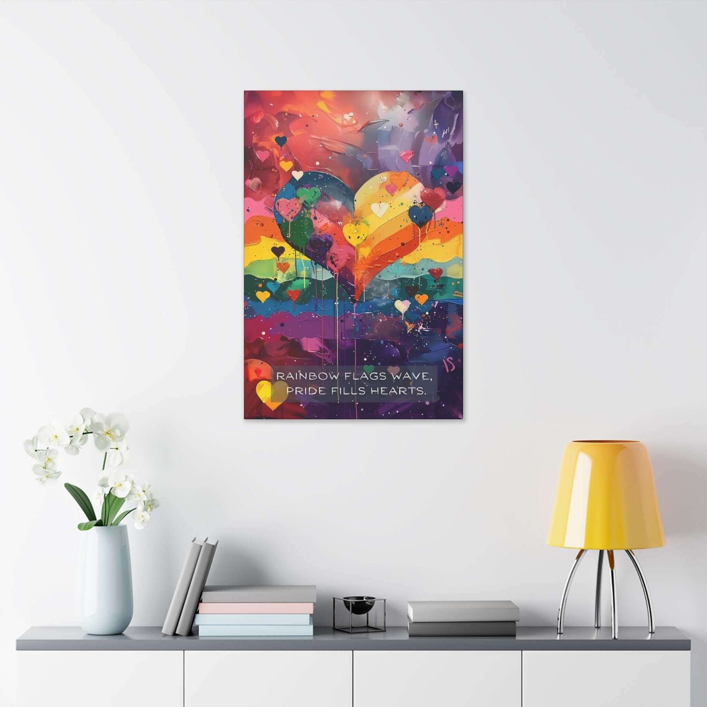 Introducing Printify's Hearts of Pride: Colorful Gay Pride Canvas Wall Art (PR-6W-009c), inspired by a joyful 6-word story. This vibrant artwork features a large heart with rainbow colors surrounded by numerous smaller hearts. The background is an abstract blend of lively hues, and the text at the bottom reads, "RAINBOW FLAGS WAVE, PRIDE FILLS HEARTS," encapsulating the love and unity of the LGBTQ+ community.