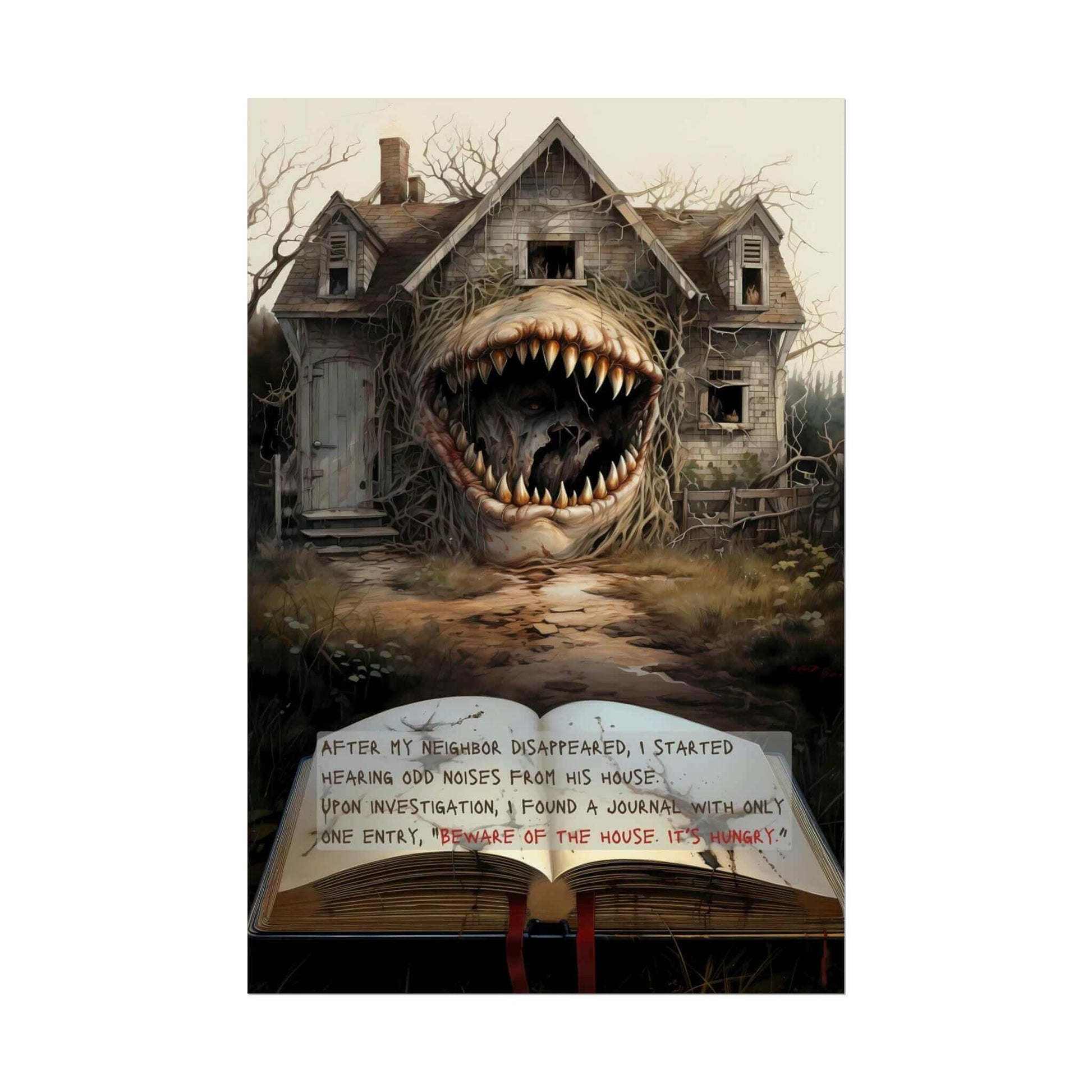 Illustration titled "The House Hungers: Nightmare Poster Wall Art" by Printify, depicting a haunted house with a monstrous mouth for an entrance, baring sharp teeth. In the foreground lies an open journal with the chilling text: "After my neighbor disappeared, I started hearing odd noises from his house; Beware of the house. It's hungry." A surrealistic artwork that perfectly encapsulates a spine-tingling horror story.