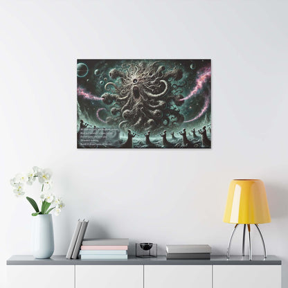 Cosmic Chaos Azathoth canvas wall art on display above a minimalist console table with a vase, books, and a yellow lamp.