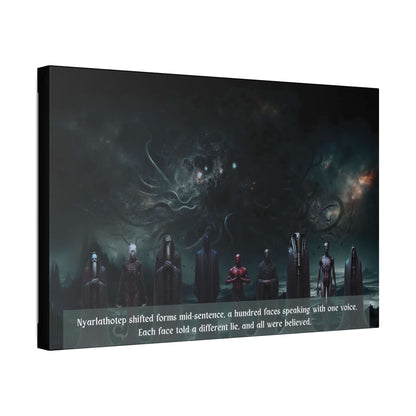 "Nyarlathotep Deceives" canvas wall art depicting Lovecraftian horror with the Crawling Chaos amidst a cosmic, eerie landscape.