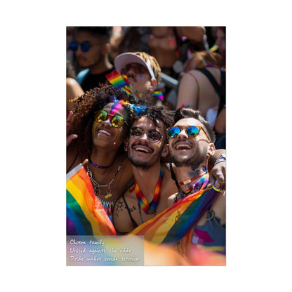 Group of friends celebrating Pride with rainbow accessories, embodying joy and unity, "Chosen family United against the odds Pride makes bonds stronger"