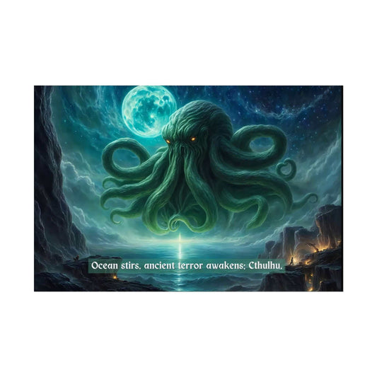 Horrifying Cthulhu Poster Wall Art Inspired by Eerie 6-Word Story featuring ancient terror Cthulhu emerging from ocean depths under moonlit sky