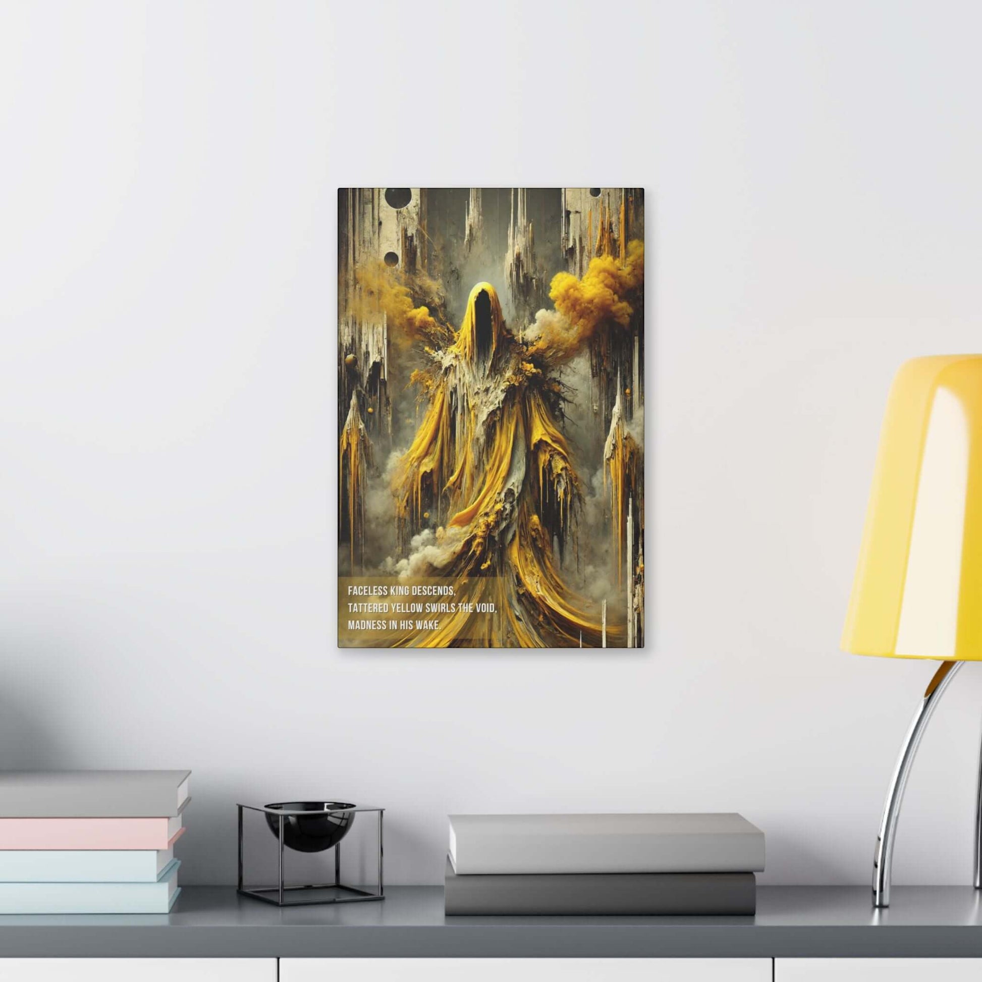 Hastur: The King in Yellow canvas art print featuring faceless, tattered robed figure from cosmic horror on a modern wall.