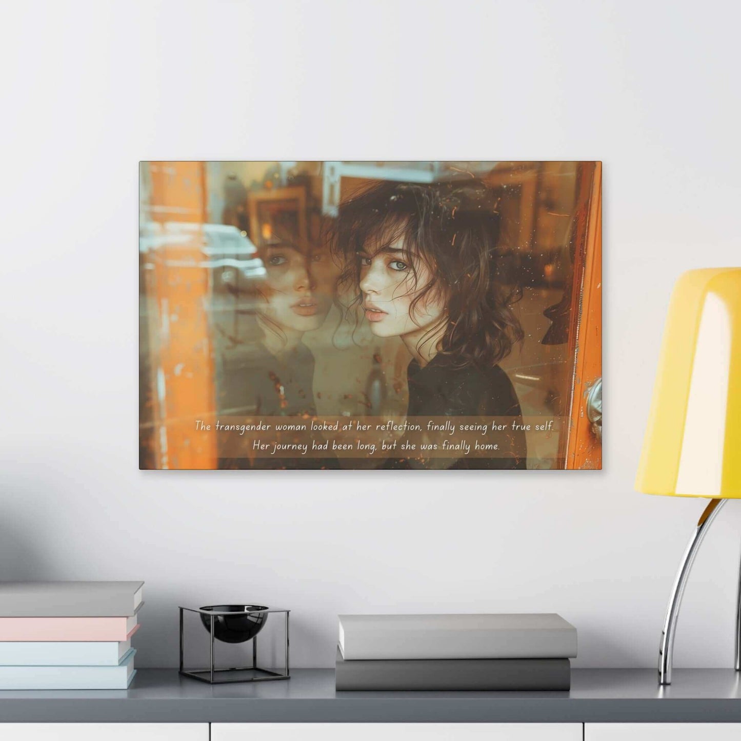 A young woman with wavy hair gazes into a window, where her reflection appears. Warm indoor lighting and subtle raindrops on the glass create a serene atmosphere. Text overlay reads: "The transgender woman looked at her reflection, finally seeing her true self. Her journey of self-discovery had been long, but she was finally home." This scene is beautifully captured in Printify's True Reflection: Poignant Gay Pride Canvas Wall Art, Inspired by Reflective 2-Sentence Story (PR-2S-001c).