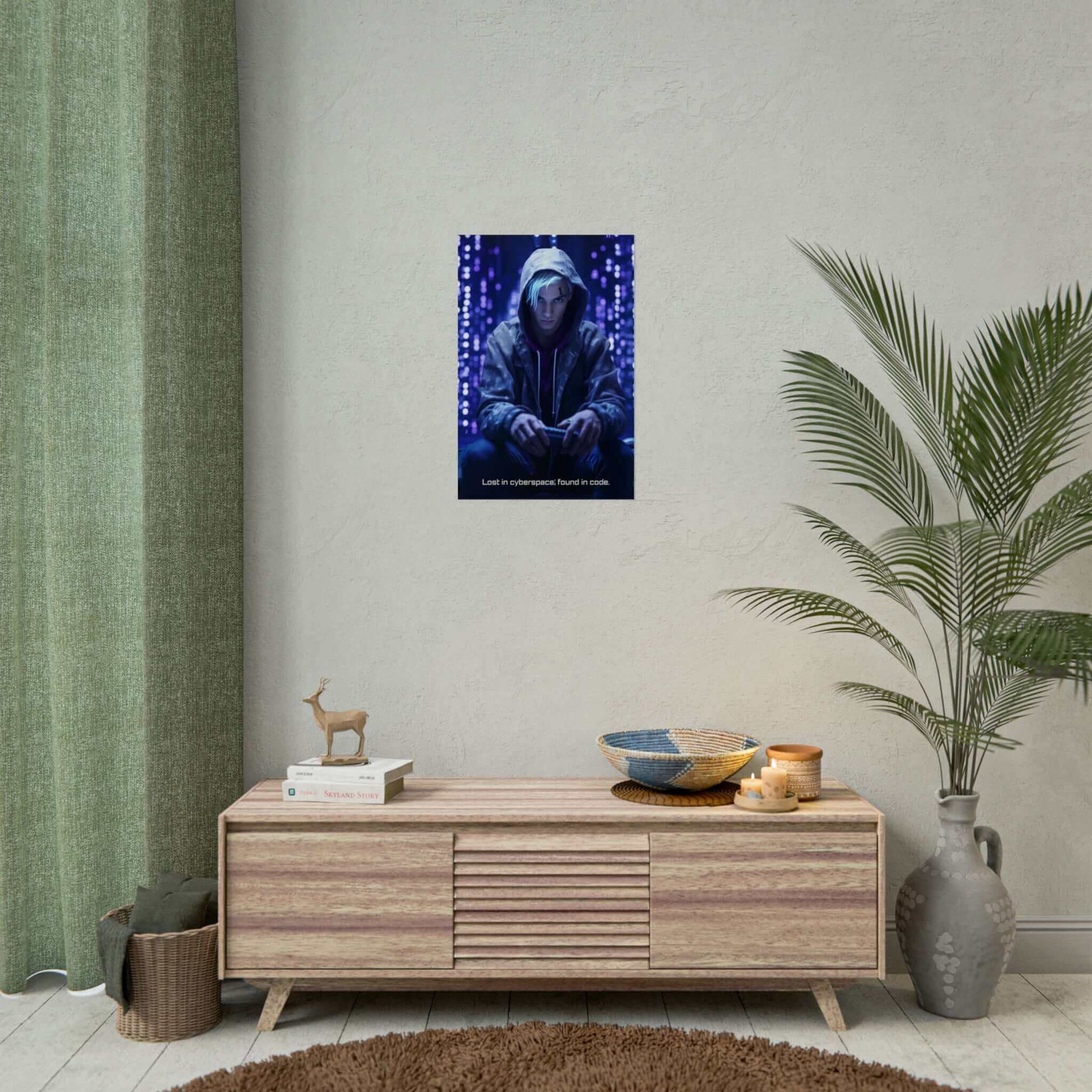 A young person with white hair, wearing a hooded jacket, intently focuses on a handheld device against a backdrop of glowing digital lights. The text at the bottom reads, "Lost in cyberspace; found in code." This Cyberpunk Poster Wall Art titled 'Cyberspace Epiphany' by Printify exquisitely captures the essence of futuristic technology.