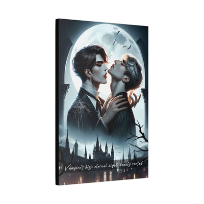 Vampiric K-Pop romance under moonlight, Eternal Lovers canvas wall art inspired by 6-word gothic story, gay-pop vampire kiss, fantasy-reality blend.