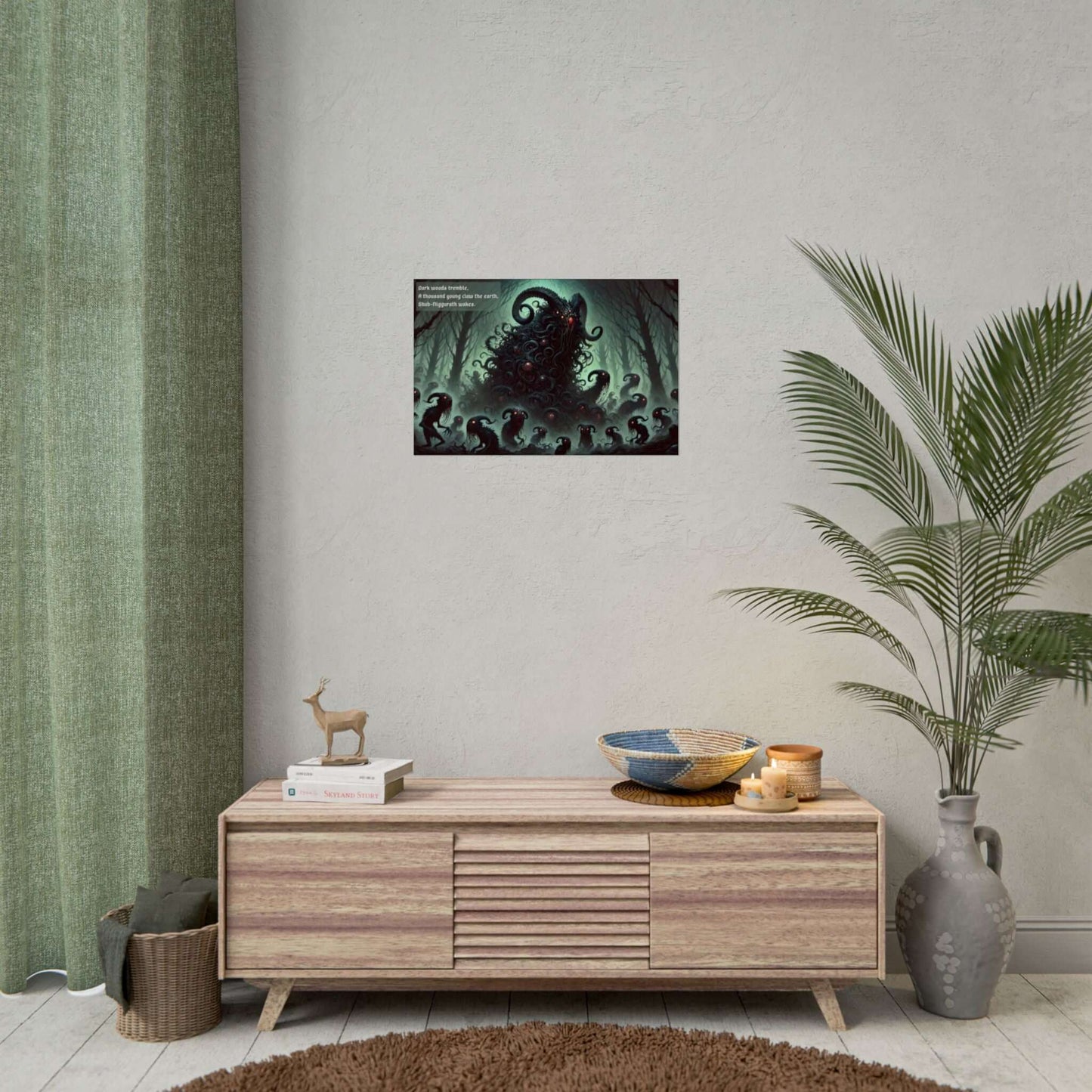 Dark Lovecraft horror poster wall art of Shub-Niggurath in twisted woods with tendrils and shadowy creatures beneath a pale green sky in modern living room.