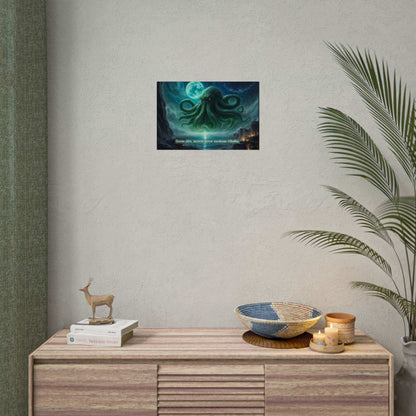 Horrifying Cthulhu poster wall art inspired by eerie 6-word story displayed above a wooden sideboard in a modern room with decor.