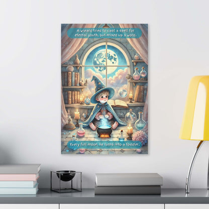 Whimsical & Magical Canvas Wall Art for a Child's Room - "A Wizard's Mishap" featuring a young wizard casting a spell amidst glowing candles and potions.