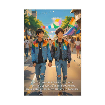 An image featuring two young men holding hands, walking outdoors during a Pride parade. They are wearing jeans and vibrant, multicolored jackets, smiling warmly at each other. The street is adorned with colorful decorations and flags, celebrating the LGBTQ+ community. Text at the bottom narrates their love story. This artwork is titled "Soulmate Found: Joyful Gay Pride Poster Wall Art, Inspired by Heartwarming 2-Sentence Story | PR-2S-003p," produced by Printify.