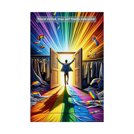 A person joyfully stands at the threshold of an open closet, with colorful, radiant light pouring out, forming a rainbow path. Clothes with rainbow patterns are scattered around. Above, the text reads: "Closet exited, true self finally embraced!" Celebrate self-acceptance and LGBTQ+ pride with the Out of the Closet: Vibrant Gay Pride Poster Wall Art by Printify (PR-6W-001p).