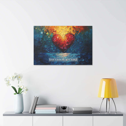 The "Love is Love: Radiant Gay Pride Canvas Wall Art" by Printify (Model PR-6W-002c) features a vibrant painting on polyester canvas. It depicts a large red heart at the center, surrounded by abstract, multicolored brushstrokes in blue, green, yellow, and orange. The text at the bottom reads "Love is love," honoring the LGBTQ+ community with "no more hiding!