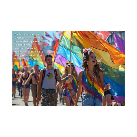 A woman marches in a parade, smiling and wearing a rainbow sash, surrounded by vibrant flags and other participants celebrating the LGBTQ+ community. Text overlay reads: "The bisexual woman marched in the parade, embraced by a sea of colorful flags. She felt a sense of belonging, knowing she was part of something bigger than herself." This scene is beautifully captured in Printify’s Joyful Gay Pride Poster Wall Art - an empowering 2-sentence story turned into an inspiring Pride Parade art print.