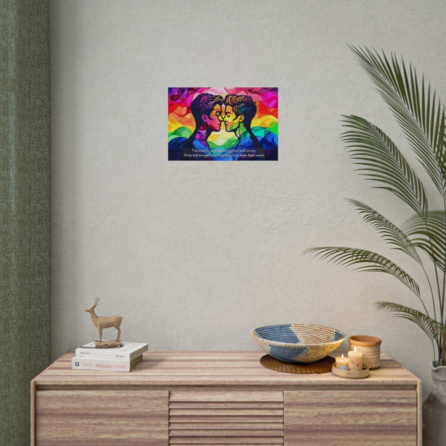 A vibrant, abstract illustration of two individuals gazing into each other's eyes with their faces close, set against a background of colorful waves in red, orange, yellow, green, blue, and purple. The text at the bottom says: "Two hearts, once searching in the LGBTQ+ community," now beat as one on high-quality photo paper. This exquisite piece is part of Printify's "Together as One: Vibrant Gay Pride Poster Wall Art" collection (PR-2S-004).