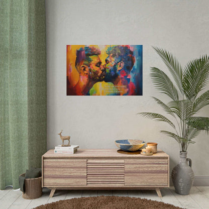 Vibrant Pride celebration poster wall art depicting a passionate kiss between two men, inspired by an electrifying haiku.