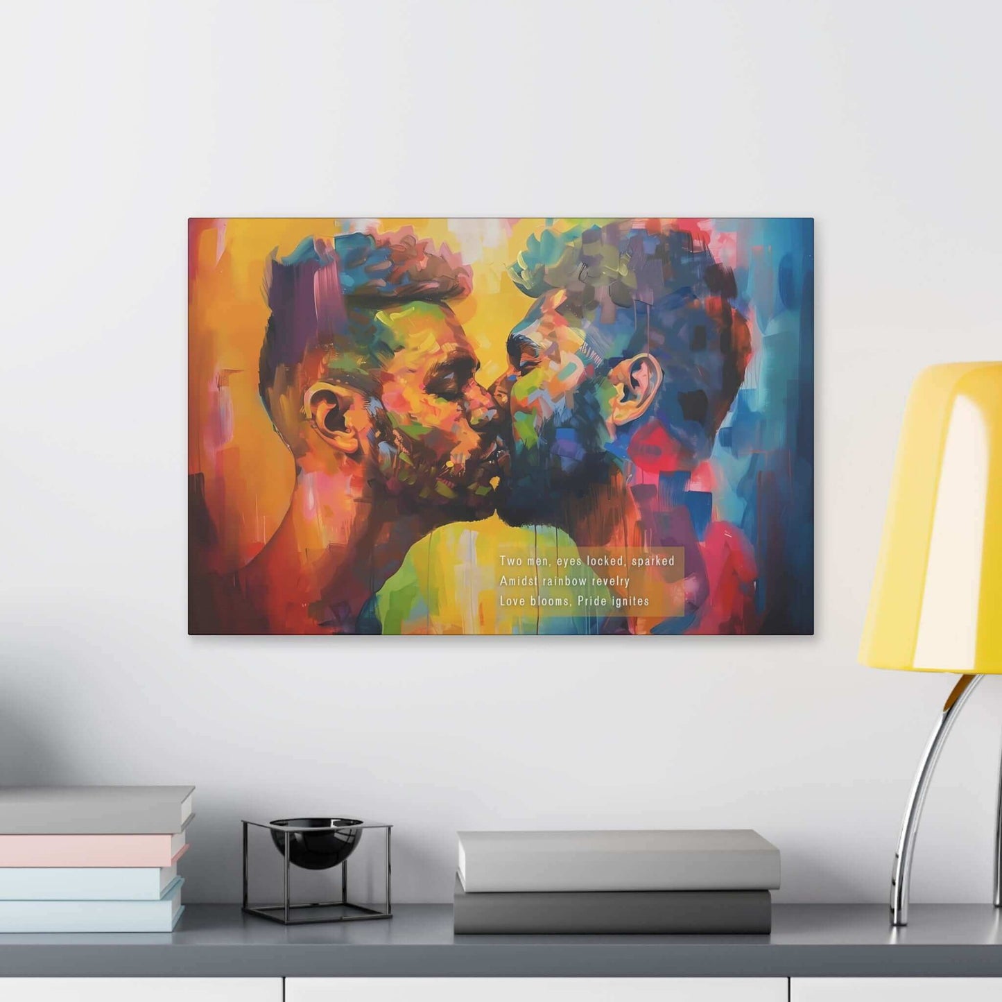 Vibrant Pride celebration canvas art of two men kissing amidst colorful background, inspired by electrifying haiku, "Love Blooms."