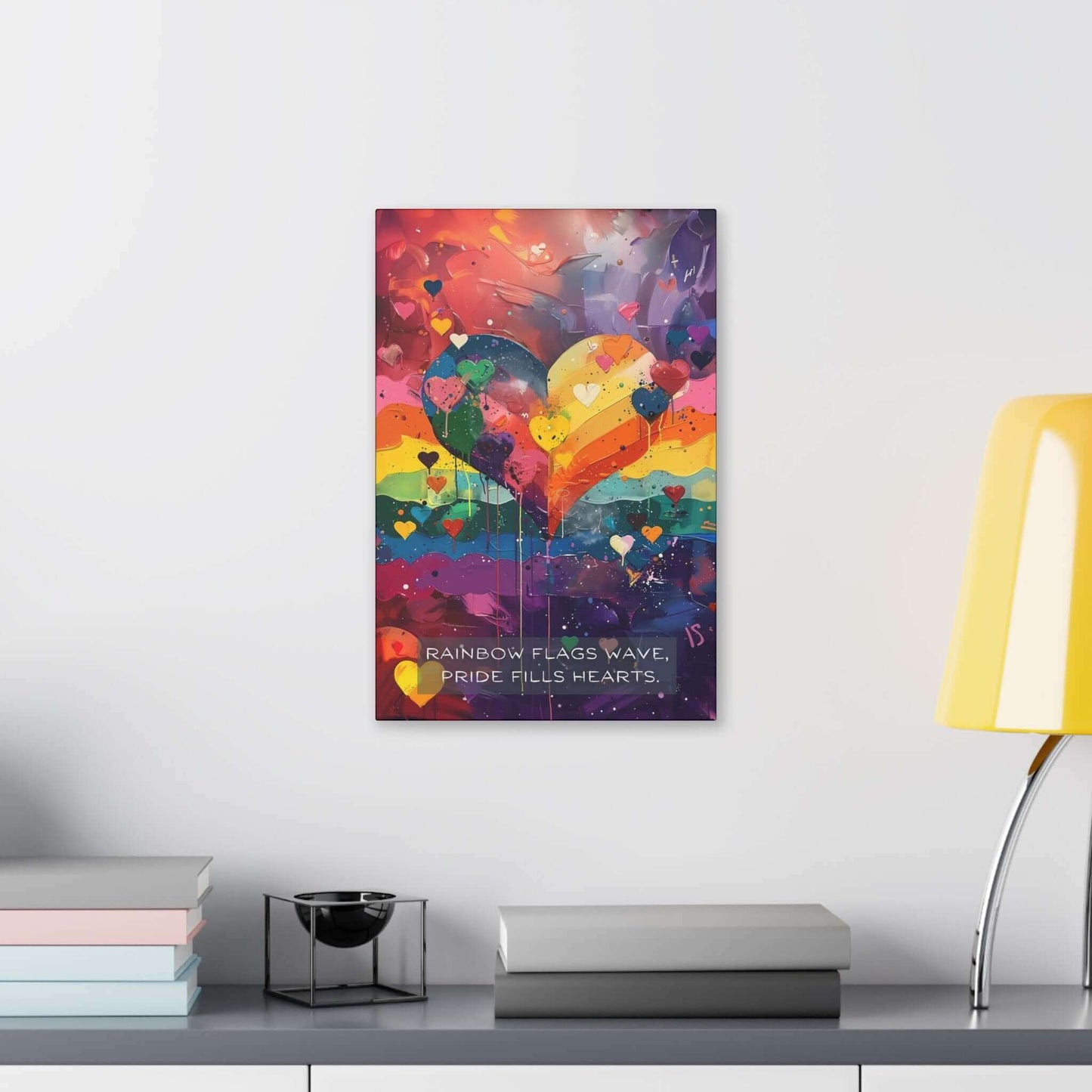 Introducing Printify's Hearts of Pride: Colorful Gay Pride Canvas Wall Art (PR-6W-009c), inspired by a joyful 6-word story. This vibrant artwork features a large heart with rainbow colors surrounded by numerous smaller hearts. The background is an abstract blend of lively hues, and the text at the bottom reads, "RAINBOW FLAGS WAVE, PRIDE FILLS HEARTS," encapsulating the love and unity of the LGBTQ+ community.