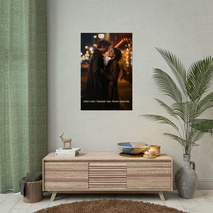 A man and a woman stand on a street at night, sharing a warm smile and gazing into each other's eyes. Both are wearing coats and seem to be enjoying an intimate moment. The backdrop features blurred streetlights and a warmly lit shop. Caption reads, "Lonely street. Strangers' smile. Instant connection." This romantic artwork, titled "Strangers' Connection: Romantic Poster Wall Art with 6-Word Love Story," is offered by Printify and captures an urban love story on fine art photo paper.
