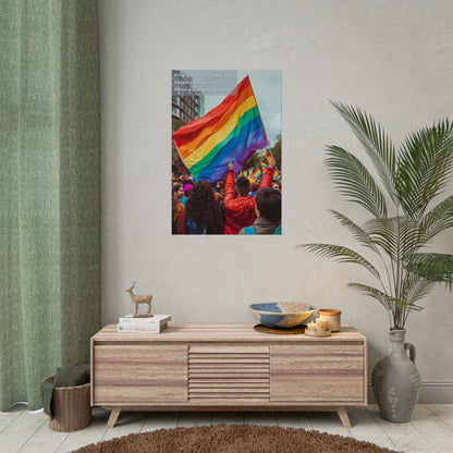 "March Onward: Celebrating Equality Poster Wall Art, featuring individuals waving the rainbow flag during a Pride parade, promoting resilience and progress"