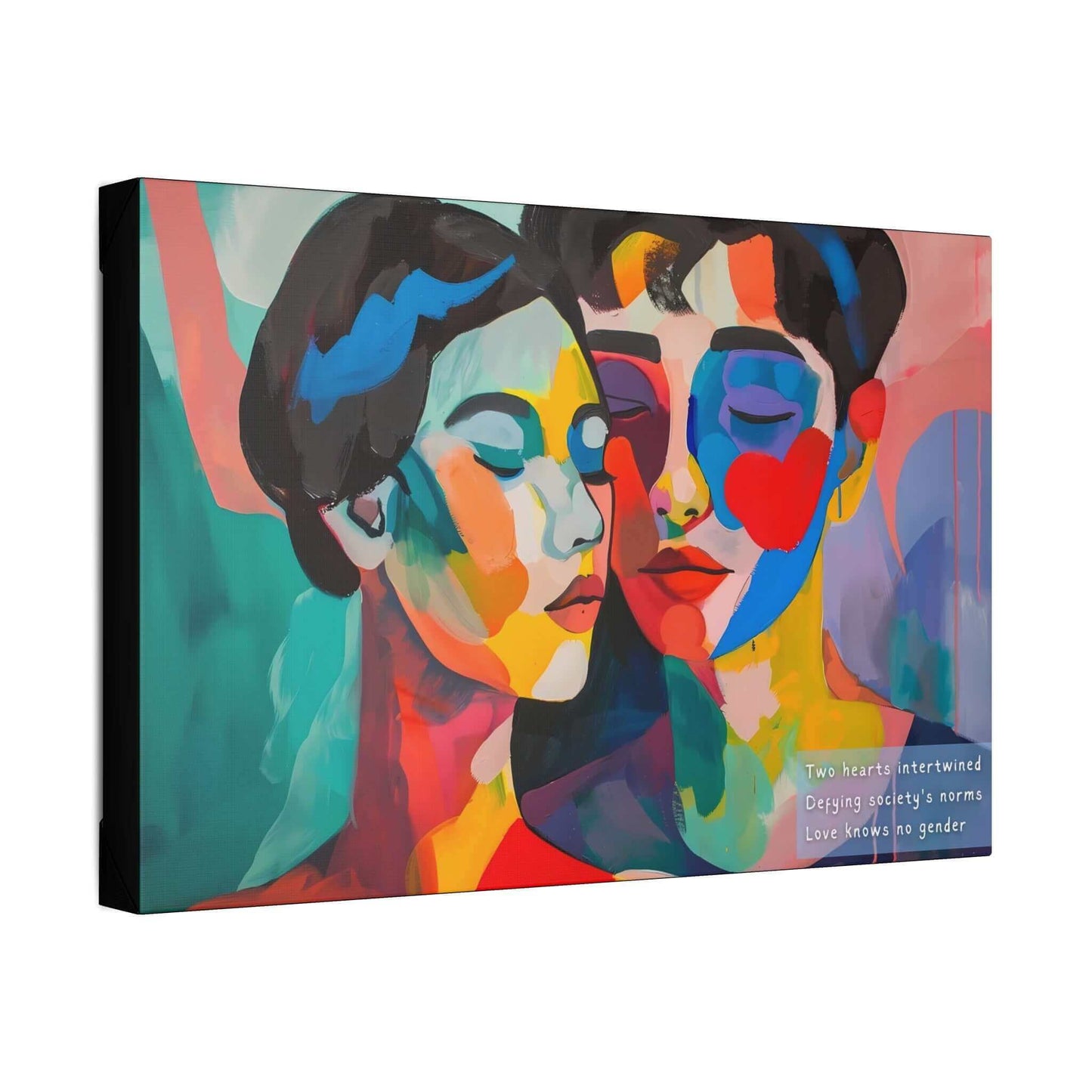 Vibrant abstract couple canvas wall art with intertwined faces, inspired by a haiku celebrating love beyond societal norms.