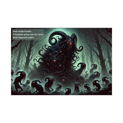 Dark Lovecraft horror poster with Shub-Niggurath and her thousand young in twisted woods, inspired by a haunting haiku.